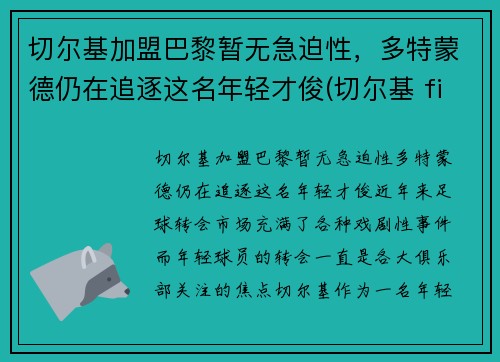 切尔基加盟巴黎暂无急迫性，多特蒙德仍在追逐这名年轻才俊(切尔基 fifa20)