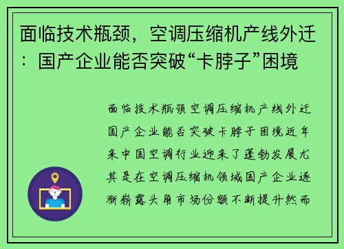 面临技术瓶颈，空调压缩机产线外迁：国产企业能否突破“卡脖子”困境？