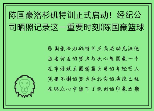 陈国豪洛杉矶特训正式启动！经纪公司晒照记录这一重要时刻(陈国豪篮球个人简介)